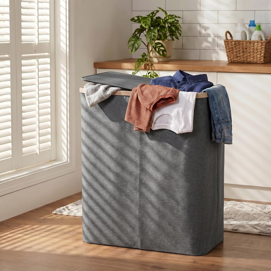 160L Double Laundry Basket Hamper with Lid & Removable Bags, Grey | Extra large 2-section collapsible clothes hamper
