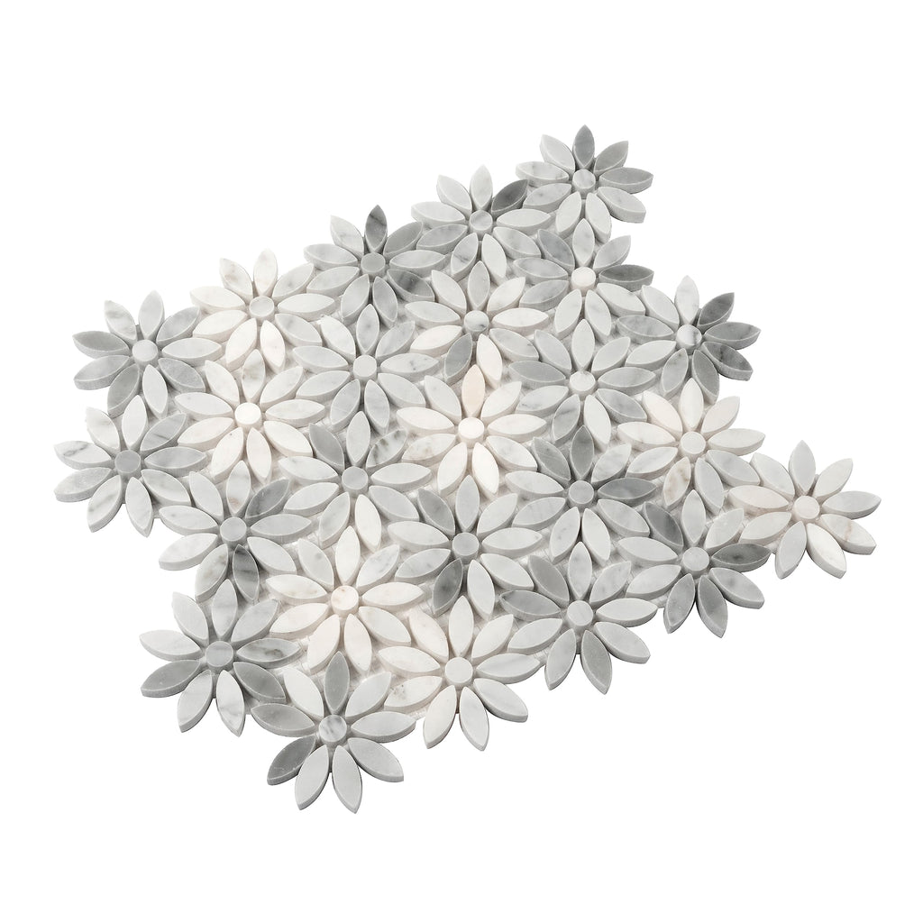 Flower Pattern Marble Mosaic Tile - 4.46 sq ft Box of 5 Sheets - White Gray Bianco Carrara Polished 10.7x12 in Mesh