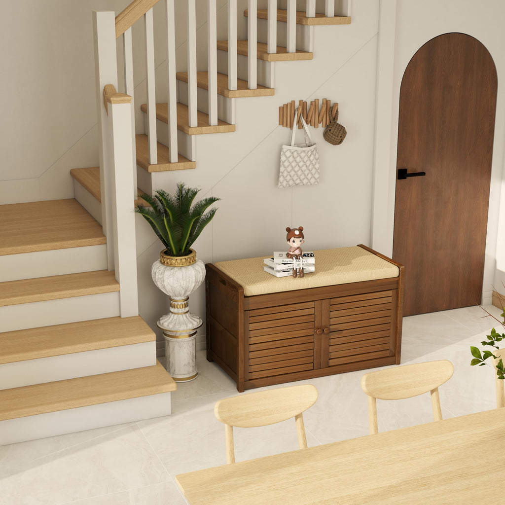 Shoe Storage Bench, 2-Tier Shoe Cabinet with Padded Seat Cushion, Bamboo Entryway Bench with 2 Doors (31.49''(L)