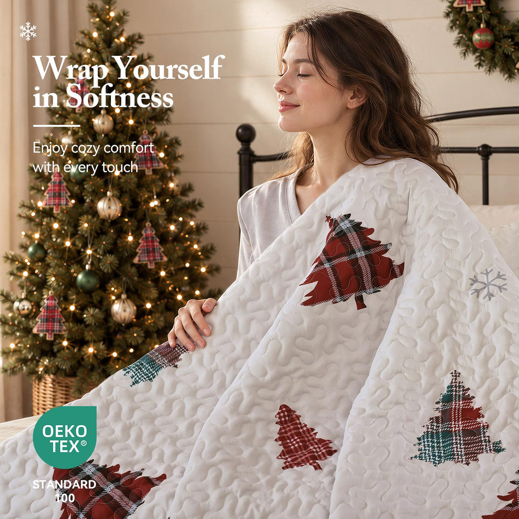 Christmas Tree Quilt Set Queen Size, Red Plaid Christmas Bedding