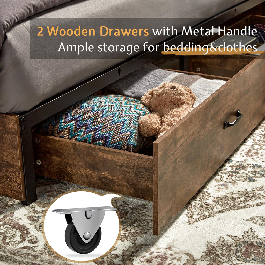 Bed Frame, Wooden Platform Storage Bed with 51.2" Bookcase Headboard, 2 Drawers, Charging Station/No Box