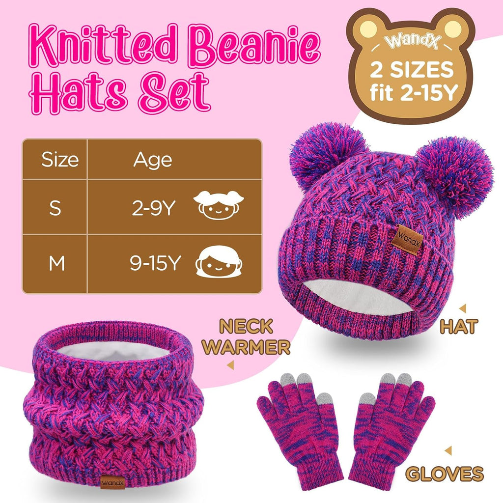 Kids Winter Hat Gloves Scarf Set Fleece Lined Beanie with Pom knitted Neck Warmer for Boys Girls Aged Cold