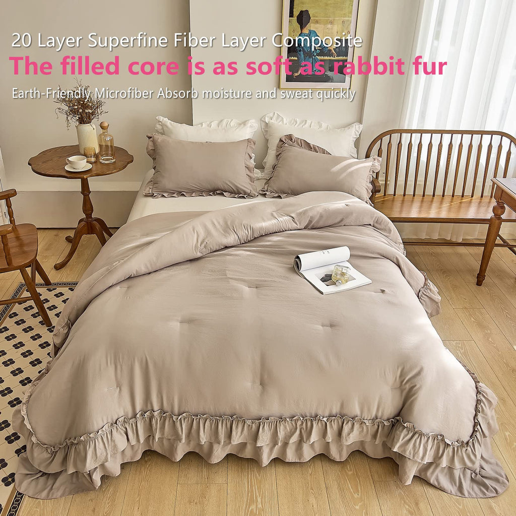 Taupe Comforters Set, Vintage Boho Chic Farmhouse Bedding Sets Shabby Ruffle Bed Comforter Bedding