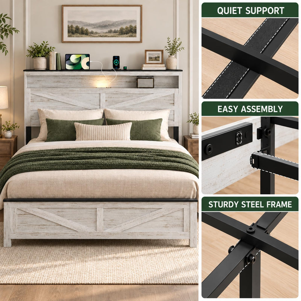 Farmhouse Bed Frame with LED Charging Headboard