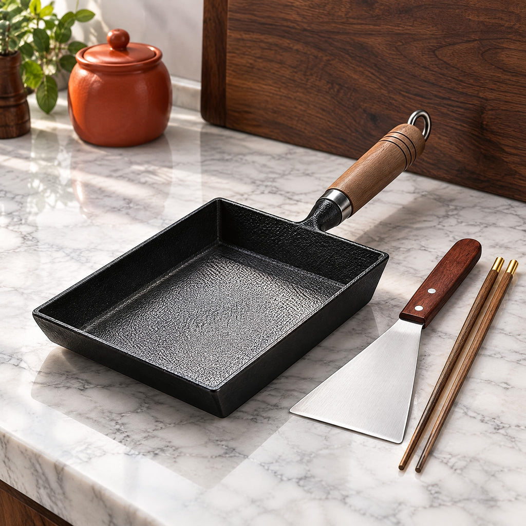 Japanese Cast Iron Tamagoyaki Pan - Pre-Seasoned, Liquid Nitrogen Treated, Non-Rust, Ready to Use, Detachable Wood