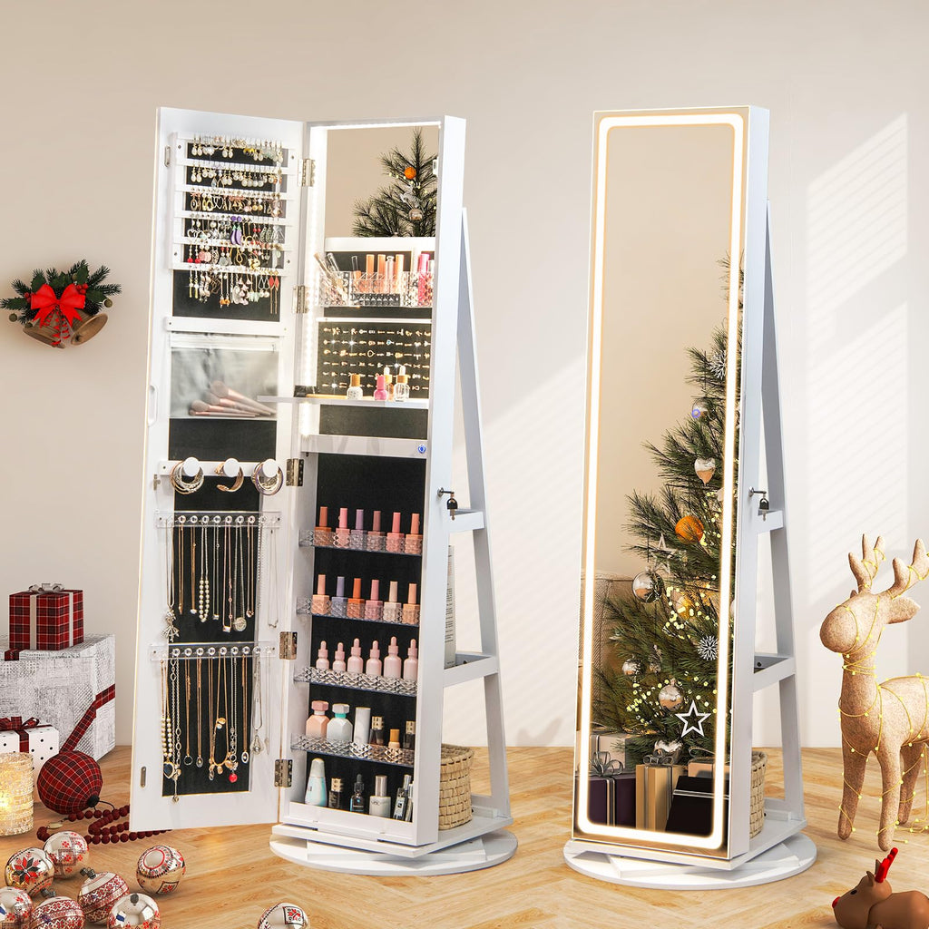 360° Swivel Jewelry Cabinet Armoire with Full Length Mirror, Standing Jewelry Storage Organizer with Rear Storage