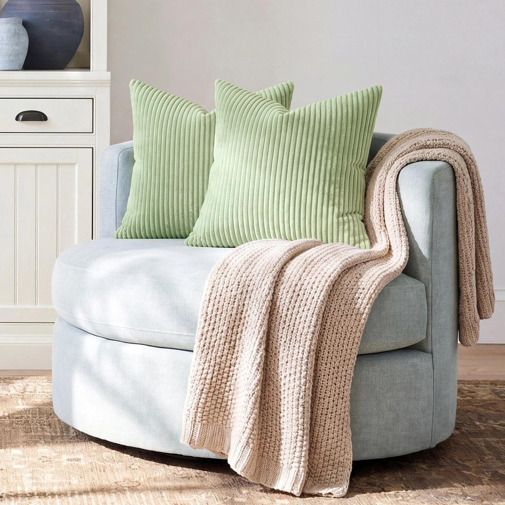 Spring Striped Corduroy Pillow Covers 20x20, Set of 2, Sage Green