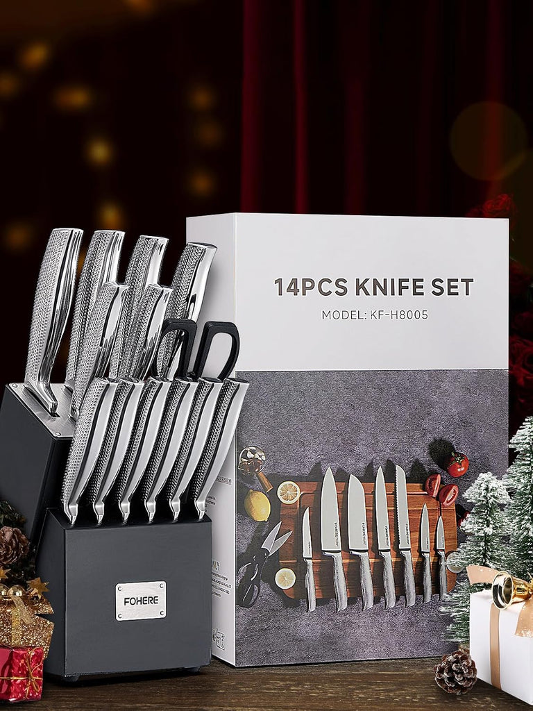 Knife Set, 14 Pieces Kitchen Knife Set with Built-in 5 x Sharpeners, Waved Texture Knife Set with Block, Stainless