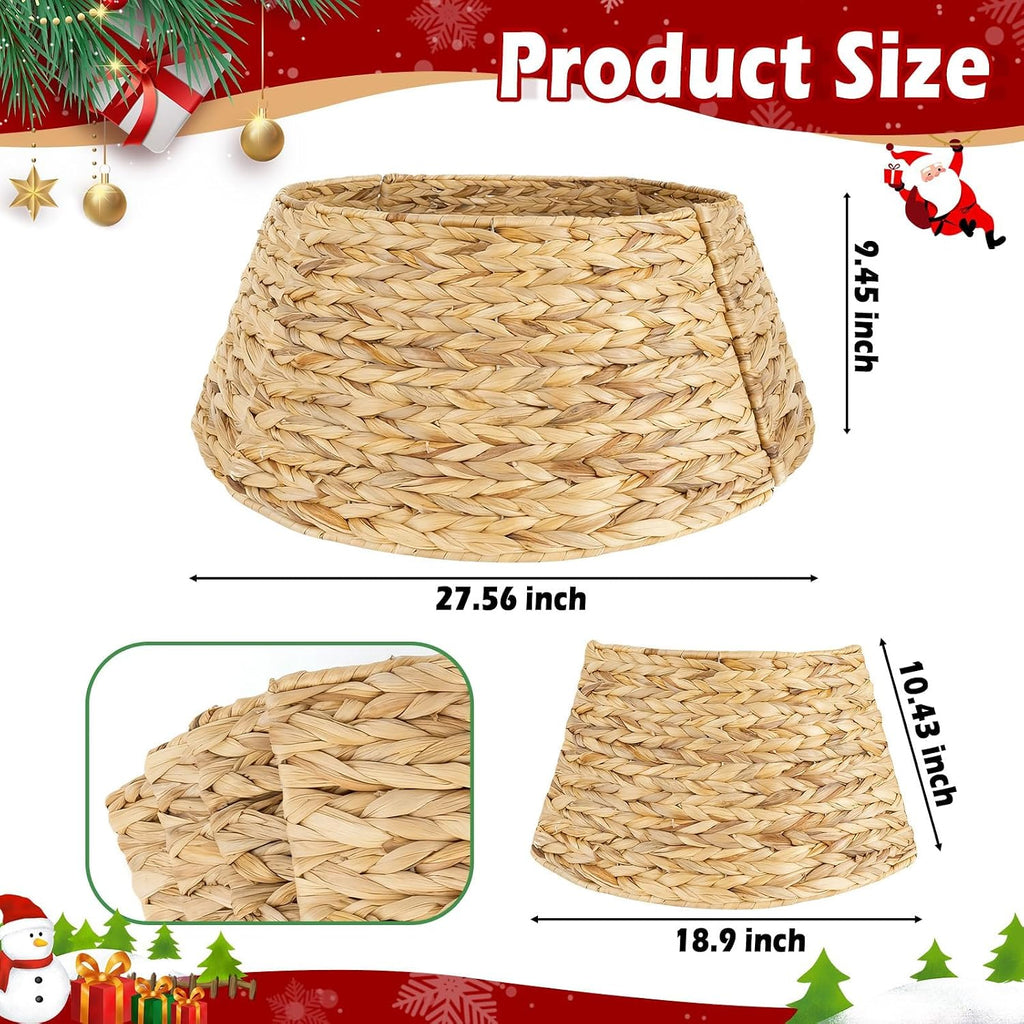 27" Hyacinth Christmas Tree Collar, Rustic Woven Rattan Tree Skirt Ring, 4 Piece Wicker Basket Base Cover with Cord