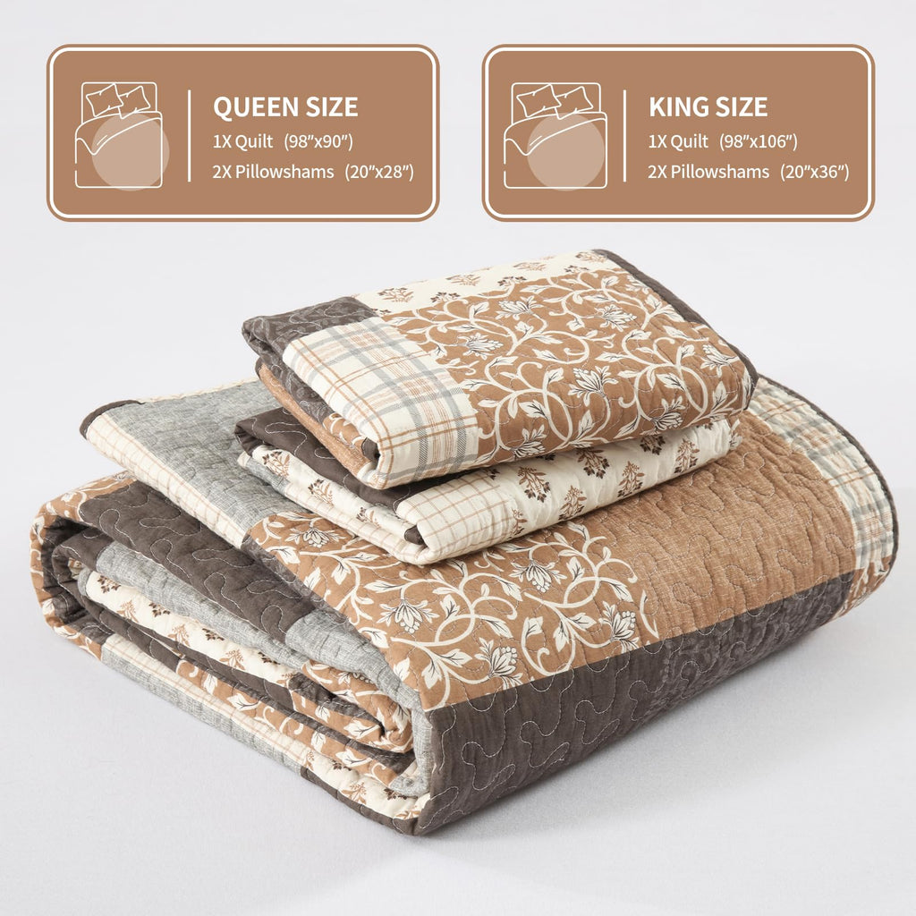 100% Cotton Quilt Set, Cottage Printed Check, Brown Charcoal