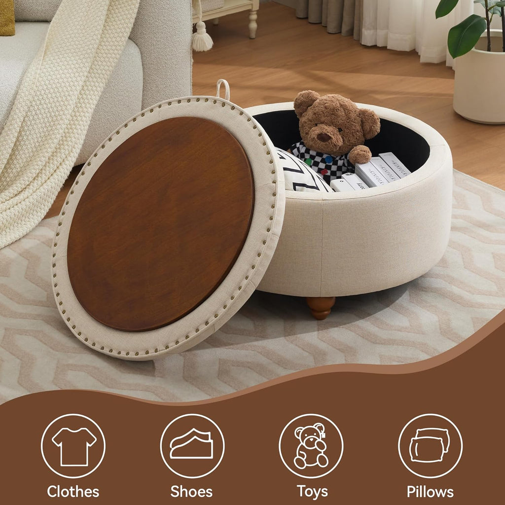 30Inch Round Storage Ottoman with Tray, Modern Tufted Fabric Circle Coffee Table with Storage, Upholstered Ottoman