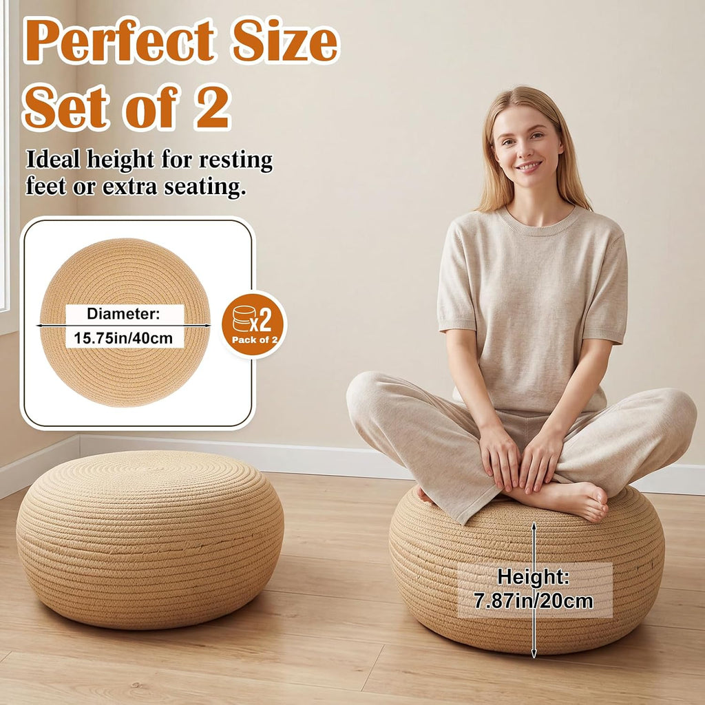 2 Pcs Round Cotton Knitted Low Pouf Ottoman | Braided Floor Seating Cushion, 16" x 16" x 8" Natural Foot Rest Stool