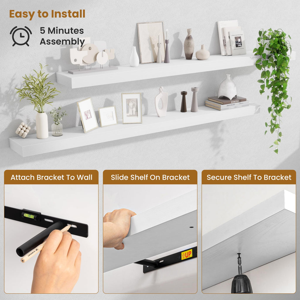 55 Inch Floating Shelves Bedroom, Large Extra Floating Shelf Set of 2 with Invisible Brackets, White