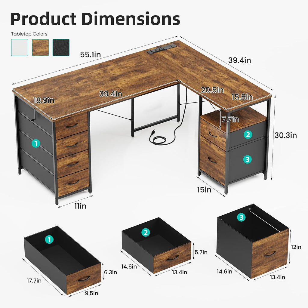 55 Inch L Shaped Office Desk with 6 Drawers & Type-C Port, Rustic Brown | File Cabinet, Power Outlets, Reversible