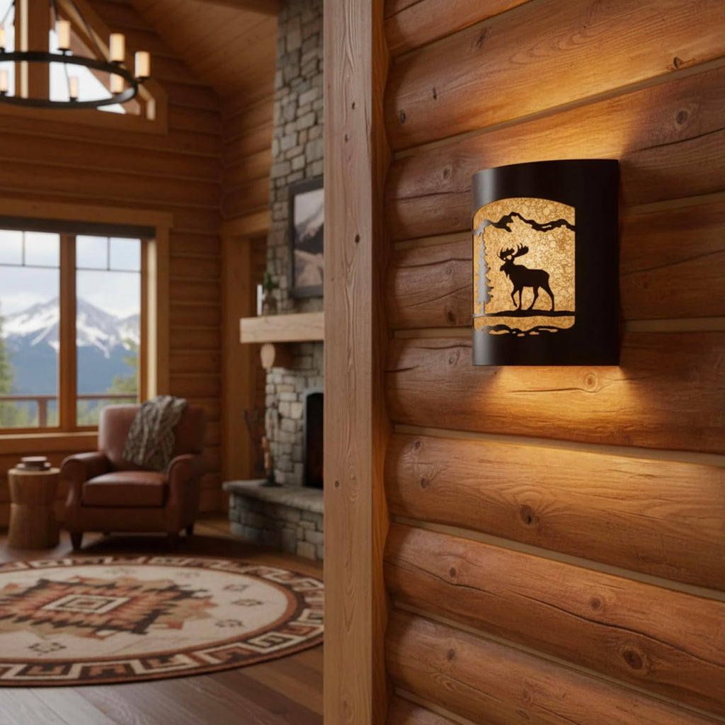Rustic Moose and Pine Tree Wall Sconce | Lodge Cabin Decor, Woodland Nature Design, Light Fixture