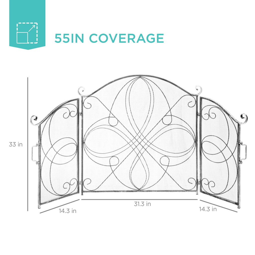 3-Panel 55x33in Solid Wrought Iron See-Through Metal Fireplace Screen, Spark Guard Safety Protector w/Decorative