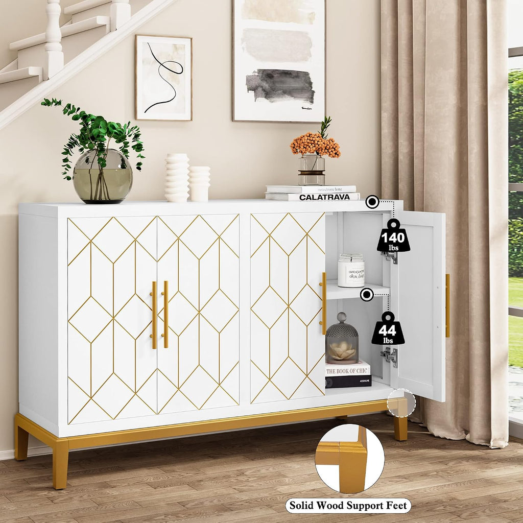 Accent Cabinet with 4 Doors&Shelves, Sideboard Buffet Cabinet with Gold Trim, Modern White Storage