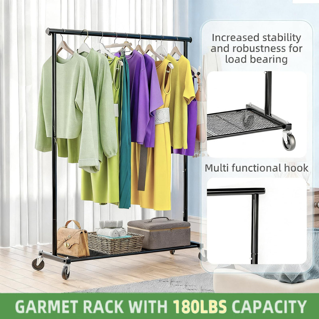 Clothes Rack for Hanging Clothes, 64.25 Inch Clothing Racks with Wheels, Portable Rolling Clothes Garment Rack