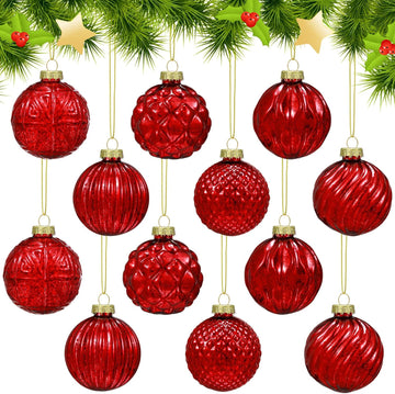 Christmas Red Glass Ball Ornaments, Tree Decoration - Set of 12