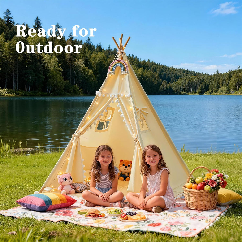 HalloDeer Teepee Tent for Kids with Padded Mat & Star Lights, Cotton Canvas Foldable Kids Teepee Indoor Outdoor