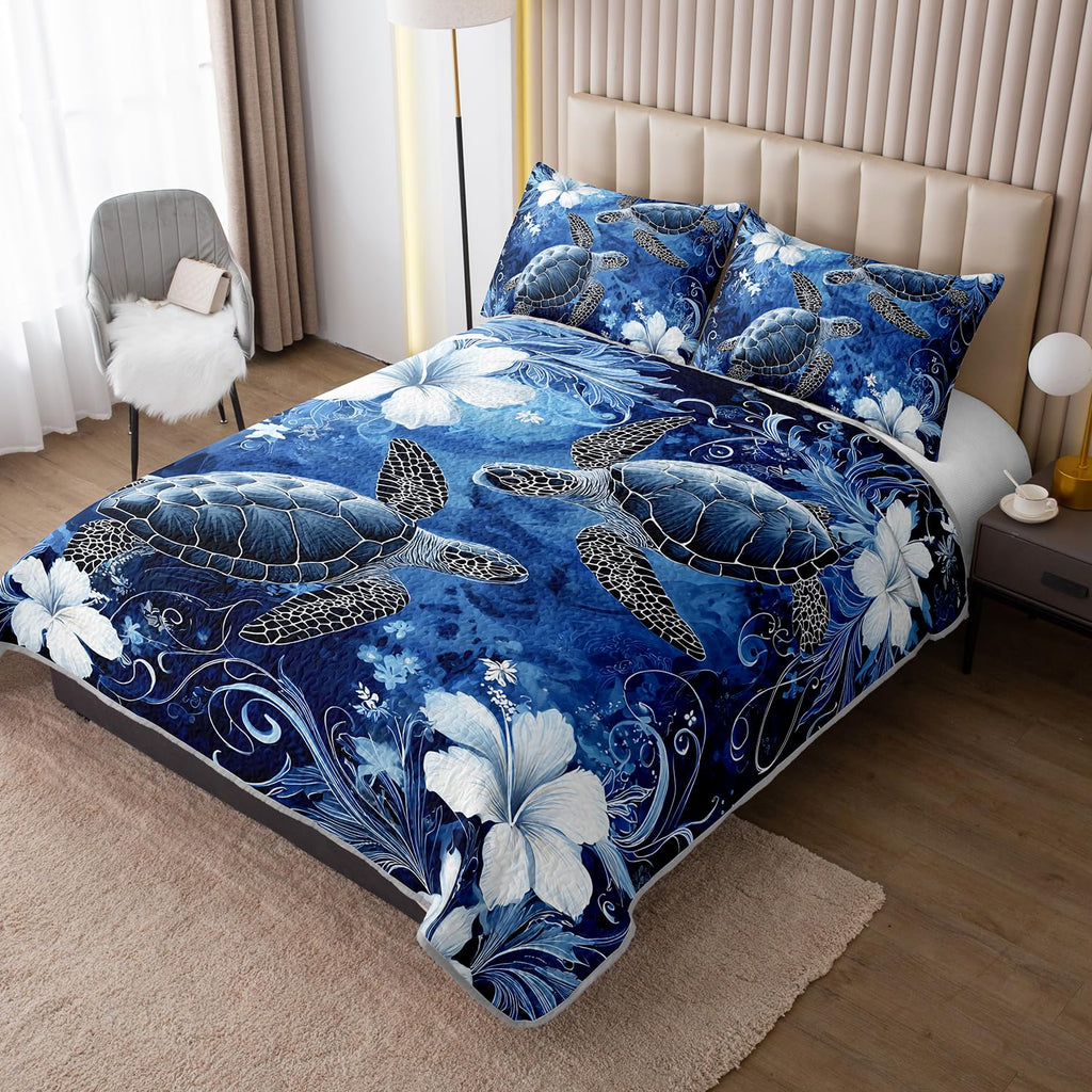 Floral Sea Turtle Quilt, Coastal Bedspread with 2 Pillowcases.