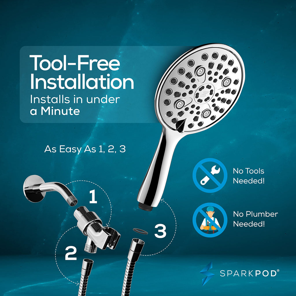 6 Spray Setting High Pressure Hand Held Shower Head - 6" Wide Angle Handheld Shower Head Set with Brass Swivel Ball