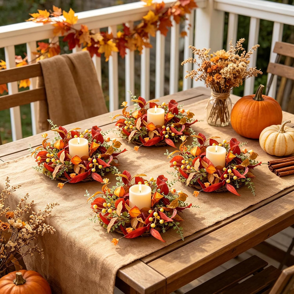 Fall Candle Ring Wreaths Artificial Autumn Candle Holder Wreath - Set of 4