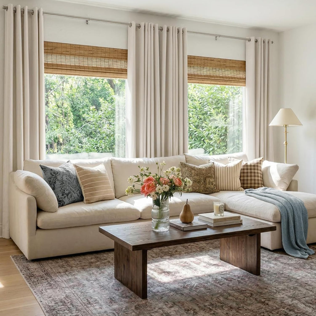 Linen Textured Total Blackout Curtains for Bedroom 84 Inches Long, Beige Grommet Curtains, Thermal Insulated Room