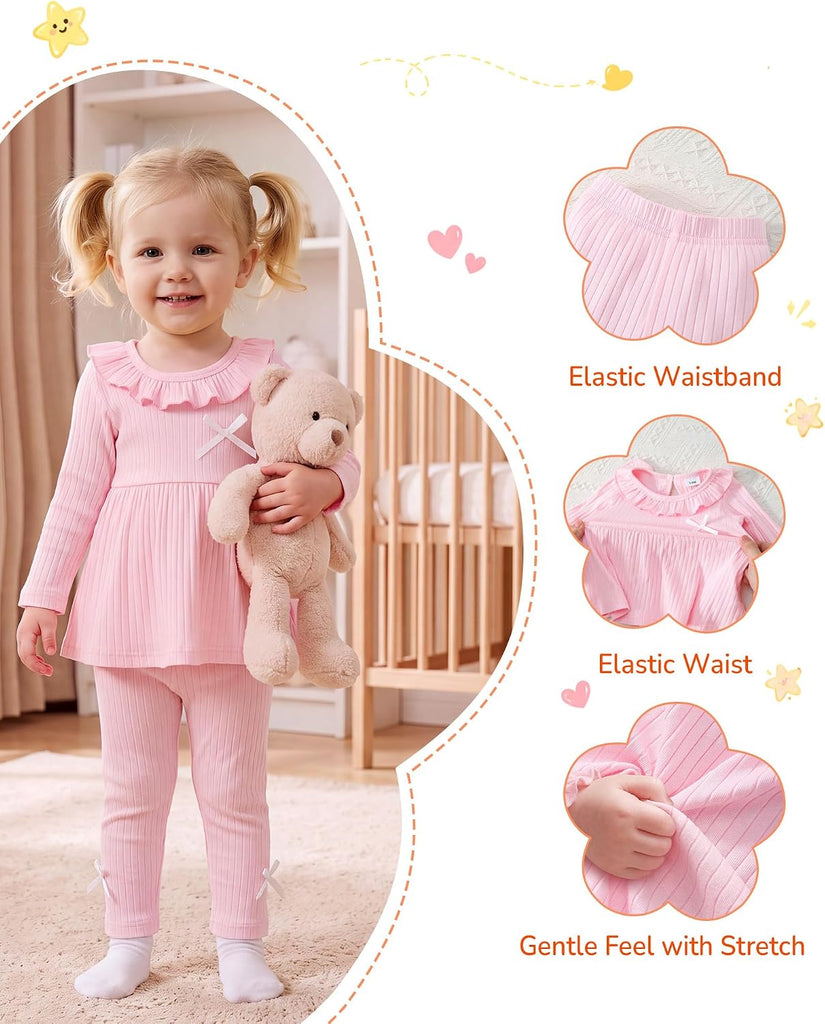 2 Piece Baby Girl Clothes Set Infant Ribbed Ruffle Top Bow Pants