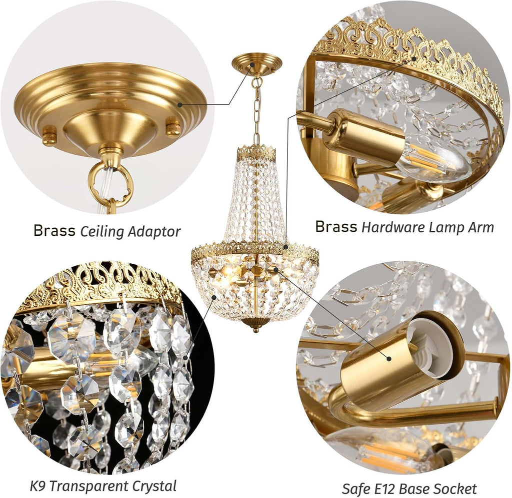 Mini French Empire Crystal Chandelier, 4-Light Antique Brass Pendant Light Fixture - 19.7" H x 12.6" W