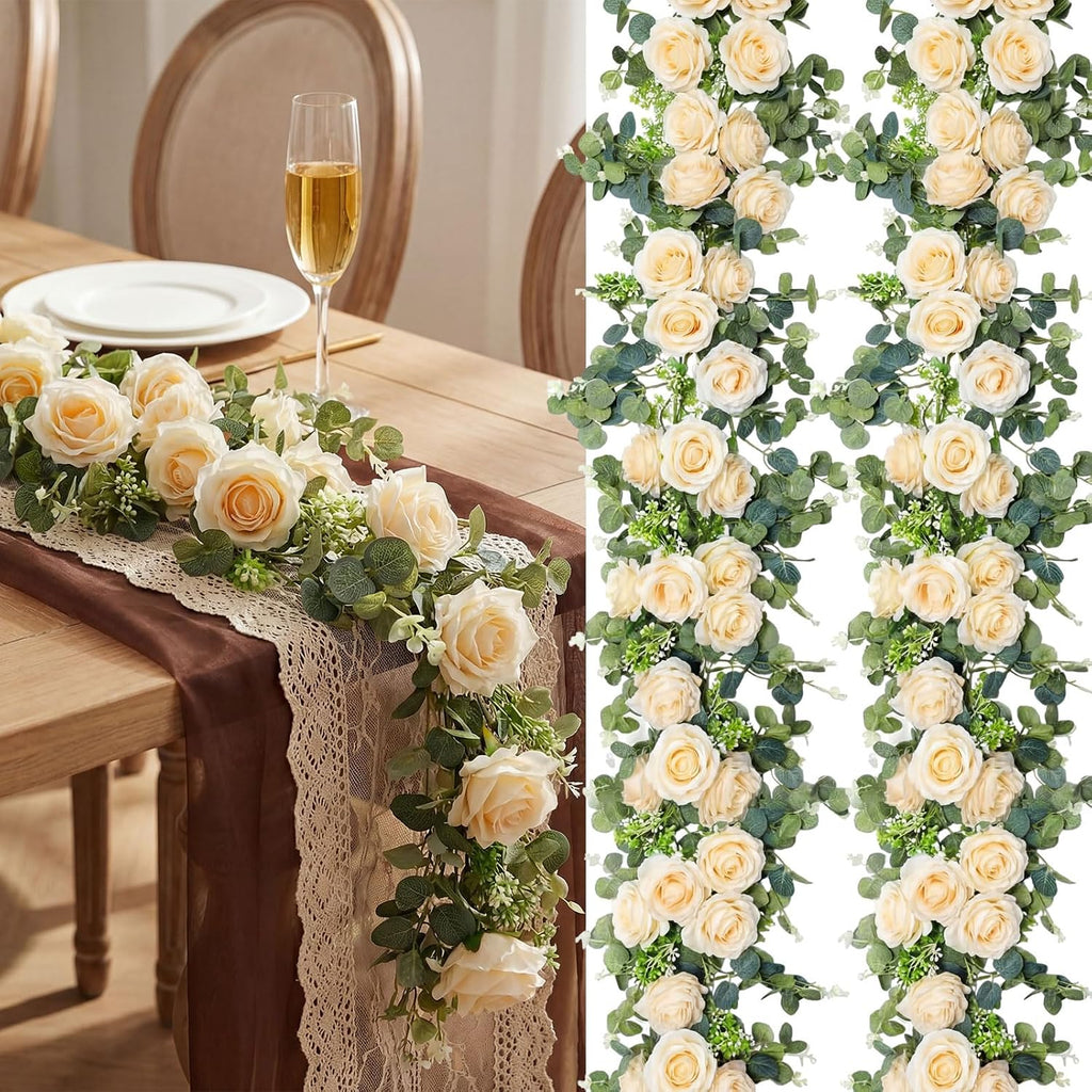 26 ft Artificial Eucalyptus Vines Garland with Flowers Faux Floral Greenery Garlands Rose Wreath for Wedding - Set of 6