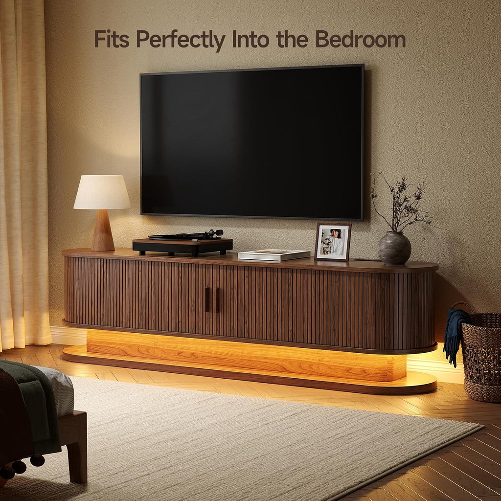 70" TV Stand up to 80 Inch, Entertainment Center with LED Lights and Storage, Mid Century Modern Fluted TV Console