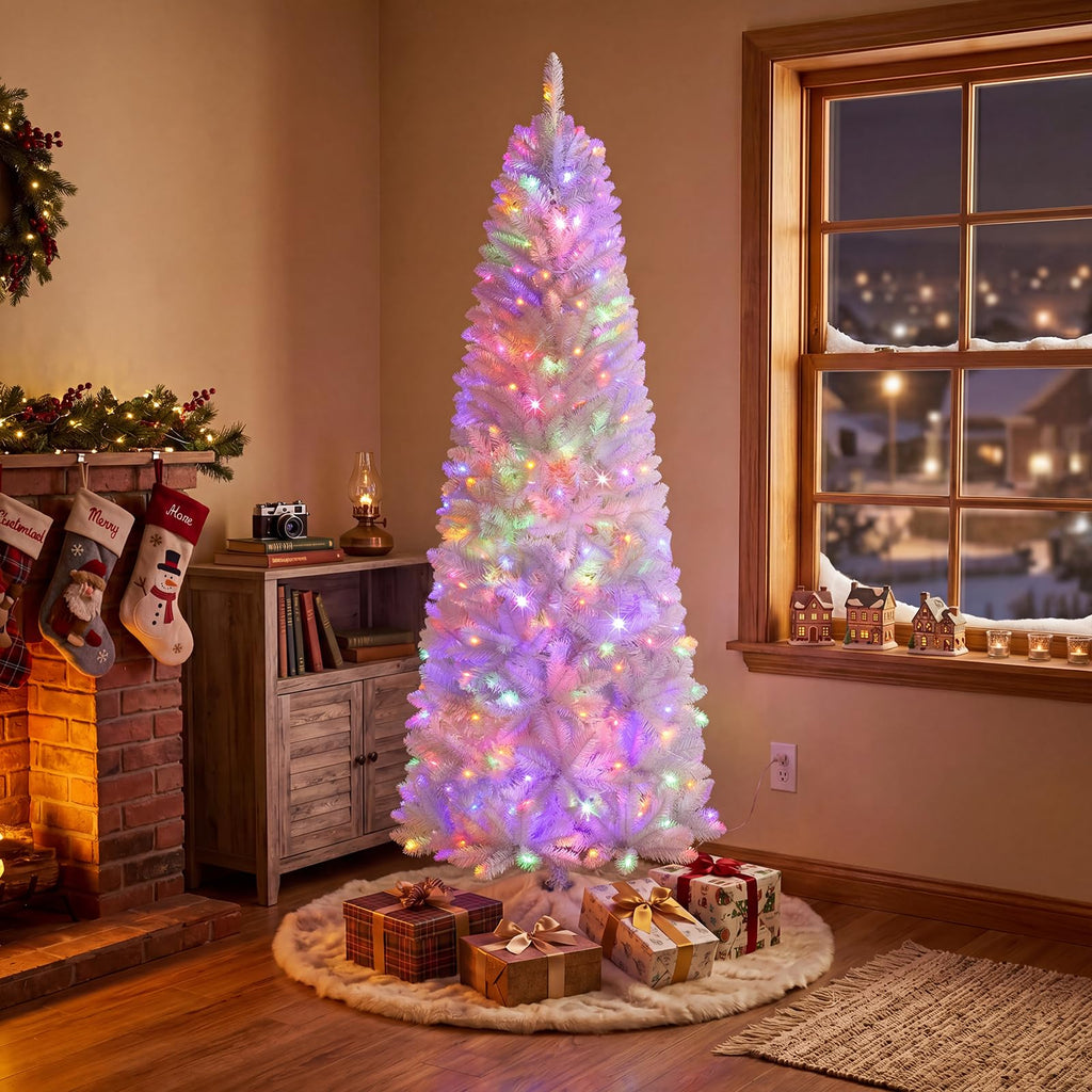 6.5ft White Christmas Tree, Fraser Fir Pencil Artificial Slim Trees Holiday Decor Prelit 250 Warm Lights 714 PVC