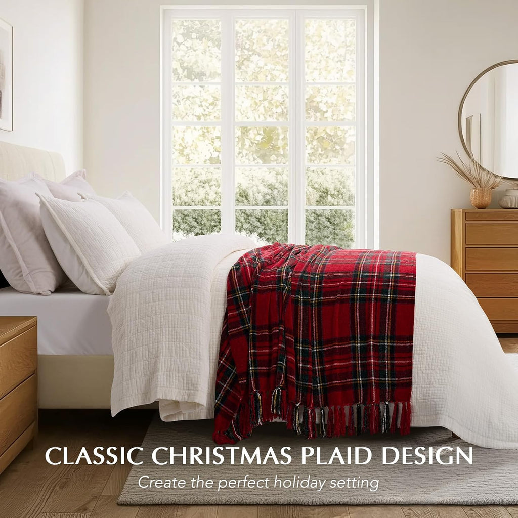 Chenille Christmas Throw Blanket, 50"x60", Red Stewart Plaid