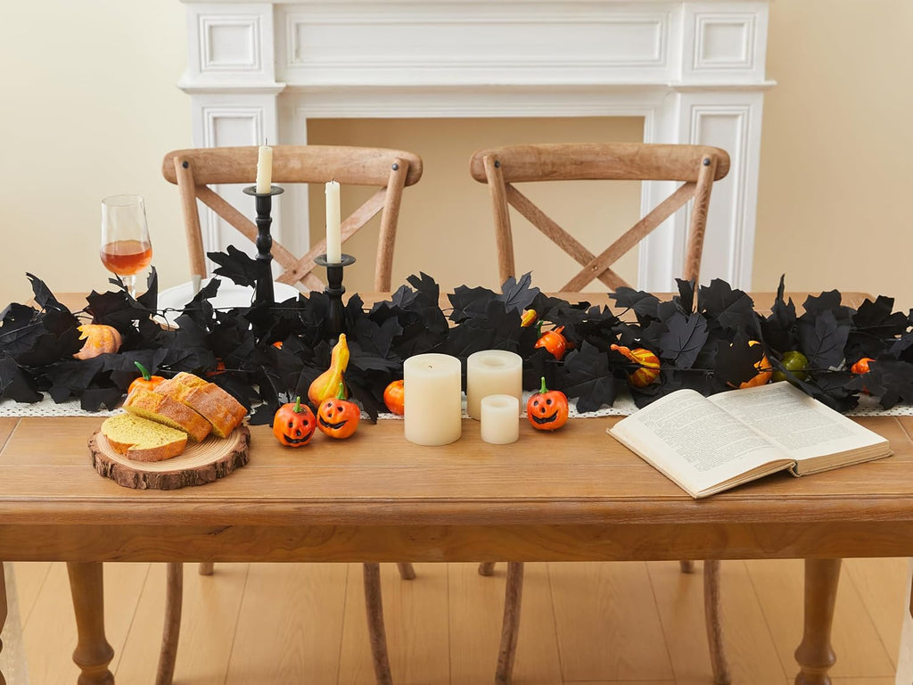 FT Black Garland Halloween Artificial Black Maple Leaf Garlands Fall Leaves Vines for Autumn Thankgiving - Set of 2