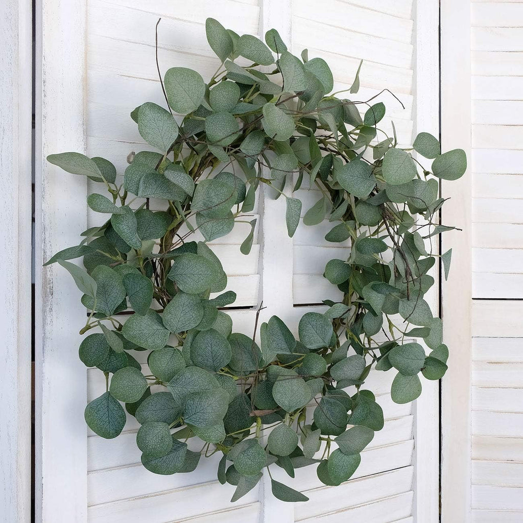 Eucalyptus Leaves Wreath Metal Polyester Fabric Paper Round Green Wreath 22 Inches for The Front Door Decor