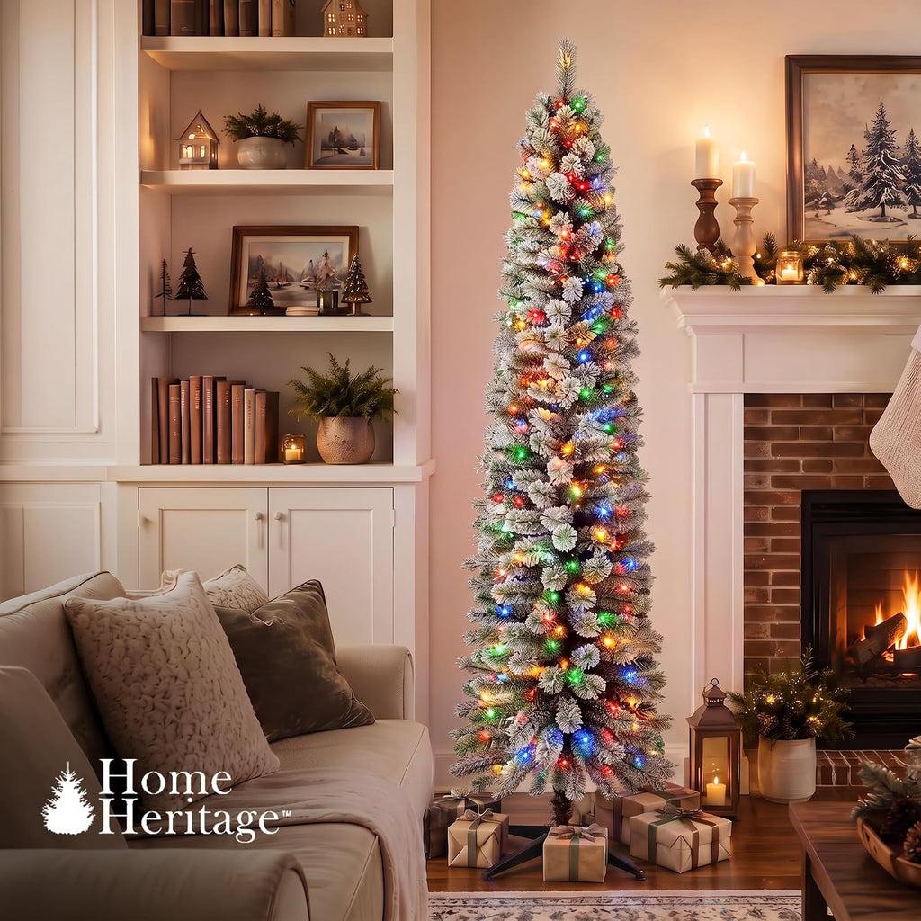 Stanley Slim Pre-Lit Pencil Christmas Tree - Artificial Pine with 350 Multicolor Incandescent Lights and 335
