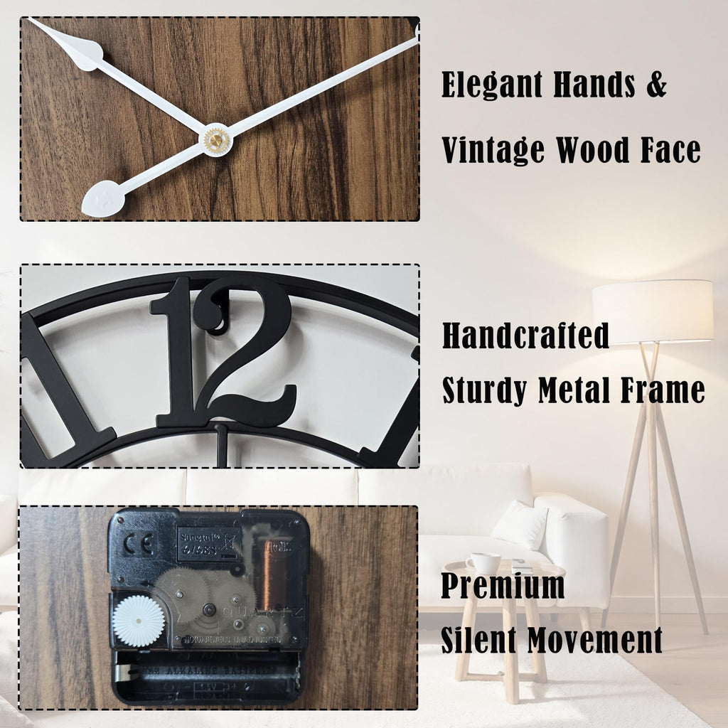Large Metal Wall Clock, 24 Inch Retro Decorative Silent, Non Ticking, Battery Operated Modern Big Wood Wall Clock