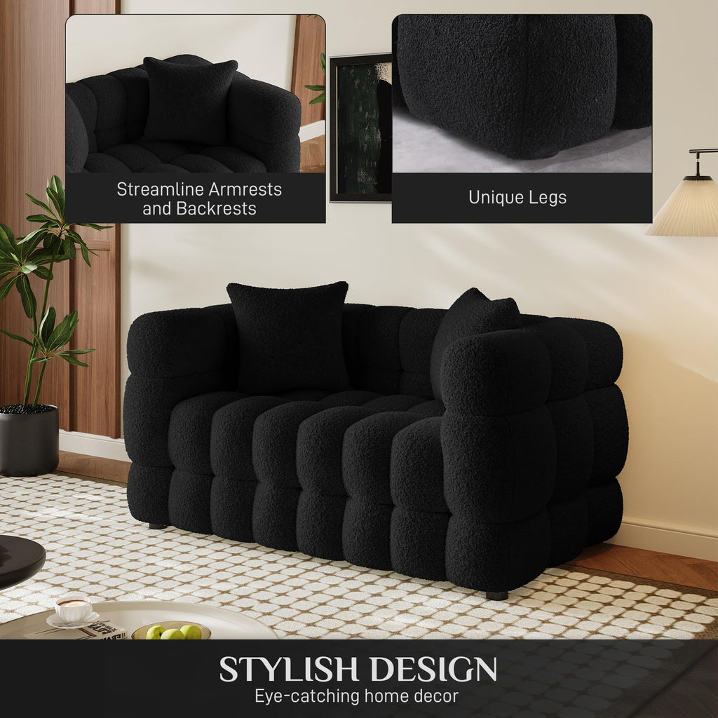 55" Boucle Cloud Loveseat with 2 Pillows, Black
