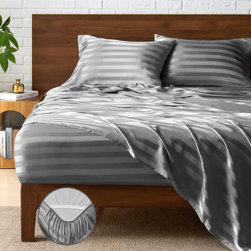 Satin Sheets Queen, Luxury Jacquard Striped Dark Grey Bedsheets with Elastic Corner Straps, Similar to Silk Sheets