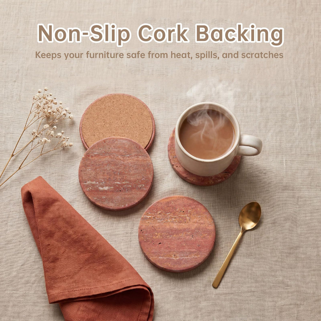 Red Travertine Coasters Set of 4, 10cm Diameter Natural Stone Coasters with Non-Slip Cork Backing, for Coffee Table