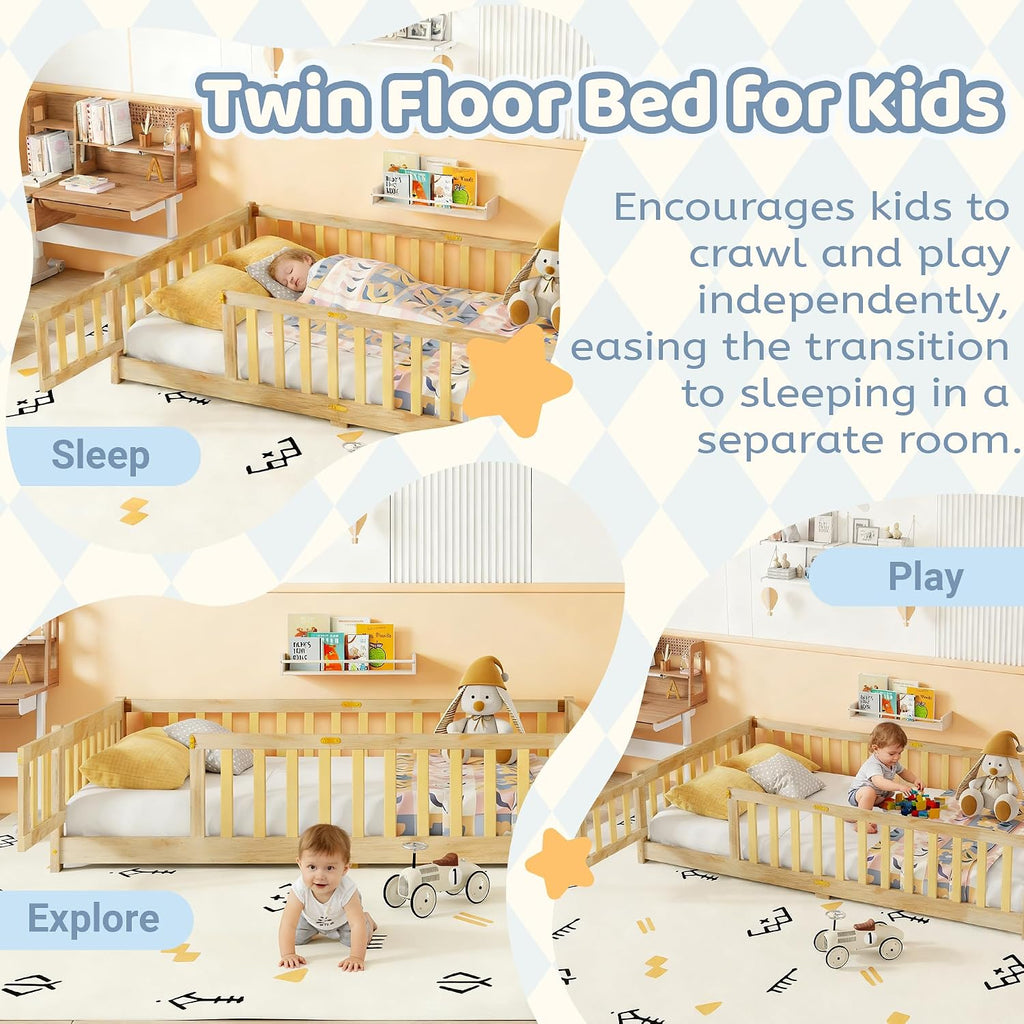 Montessori Floor Bed with Slats and Door, Solid Wood Floor Bed Frame with High Rails, Low Wooden Kids Beds
