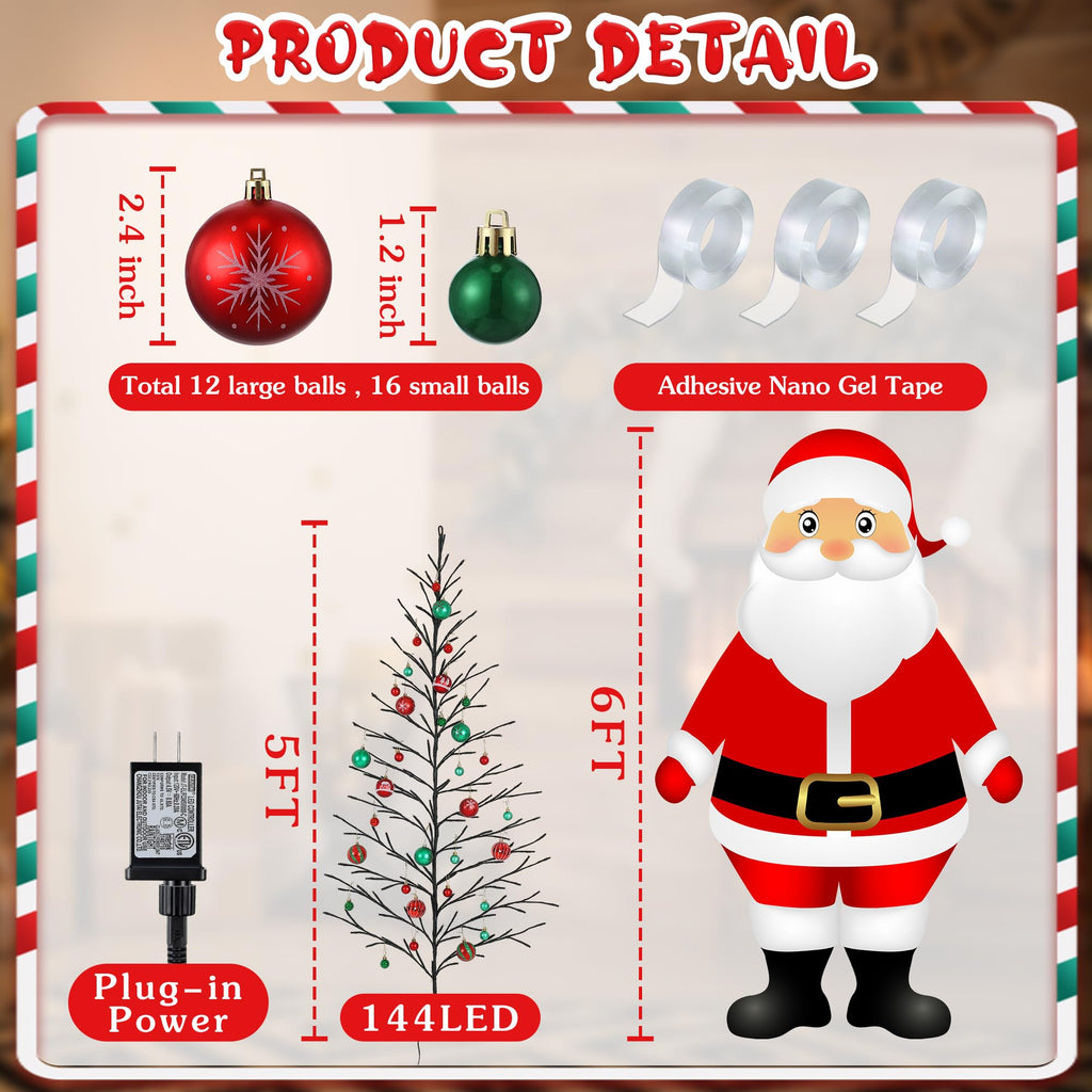 5 FT 144 LED Lighted Wall Christmas Tree with Decorative Balls, 8 Light Modes Plug in Half Christmas Tree, Hanging
