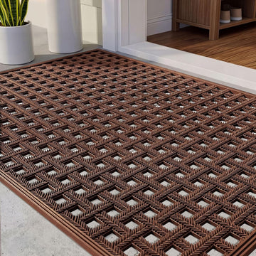 Outside Dirt Trapper Door Mat with Drainage 24"x36" Brown | Heavy Duty Rubber Welcome Mat, Waterproof Easy Clean,All