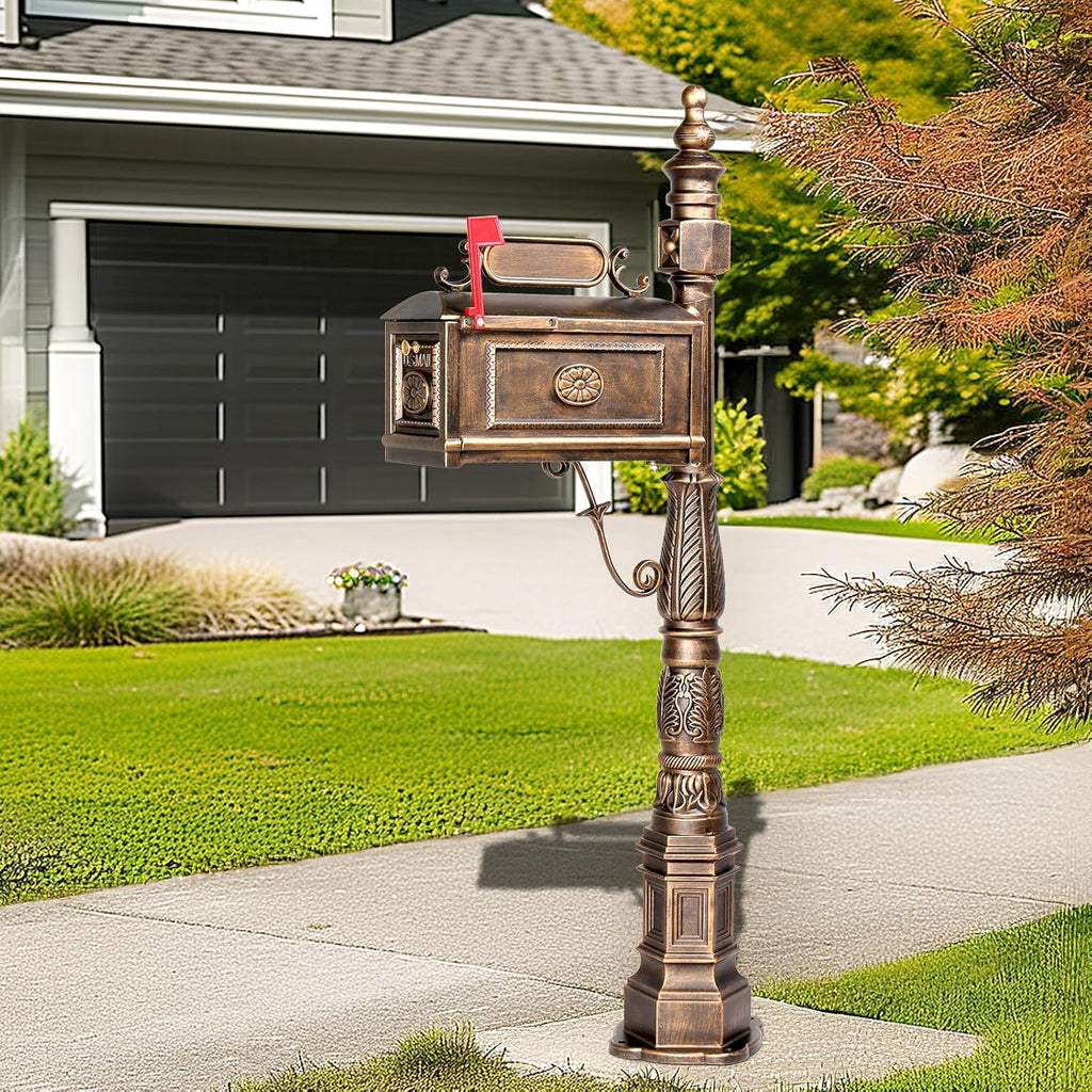 Cast Aluminum Mailbox, Barcelona Decorative Post Mailbox, Rust-Proof Large Security Heavy Duty Mailbox (Bronze)