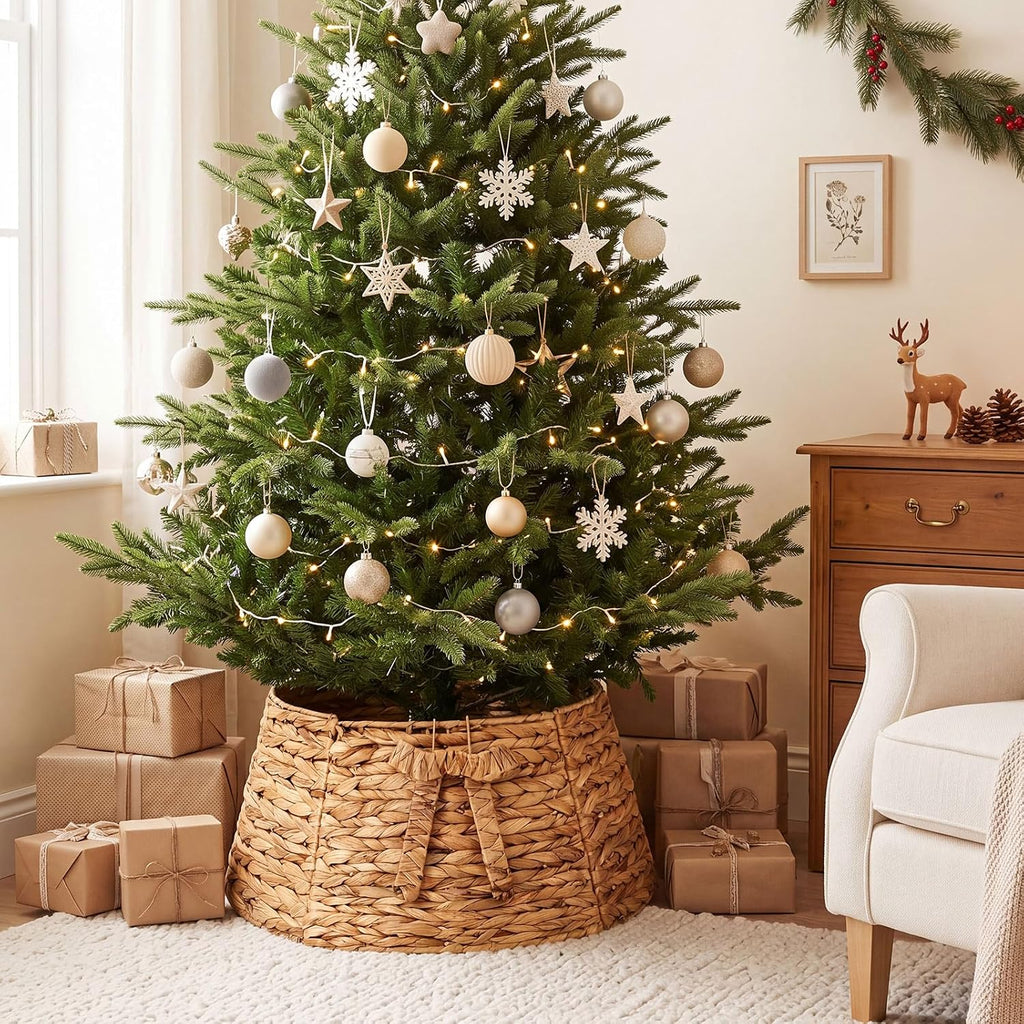 Natural Christmas Tree Collar with Bow 23.6 Inch Woven Farmhouse