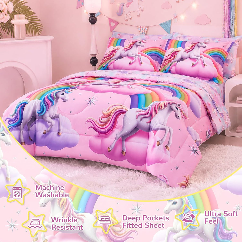 Kids Full Bedding Sets for Girls, Soft Full Comforter Set with Sheets, 7 Pieces Microfiber Bed in a Bag, White