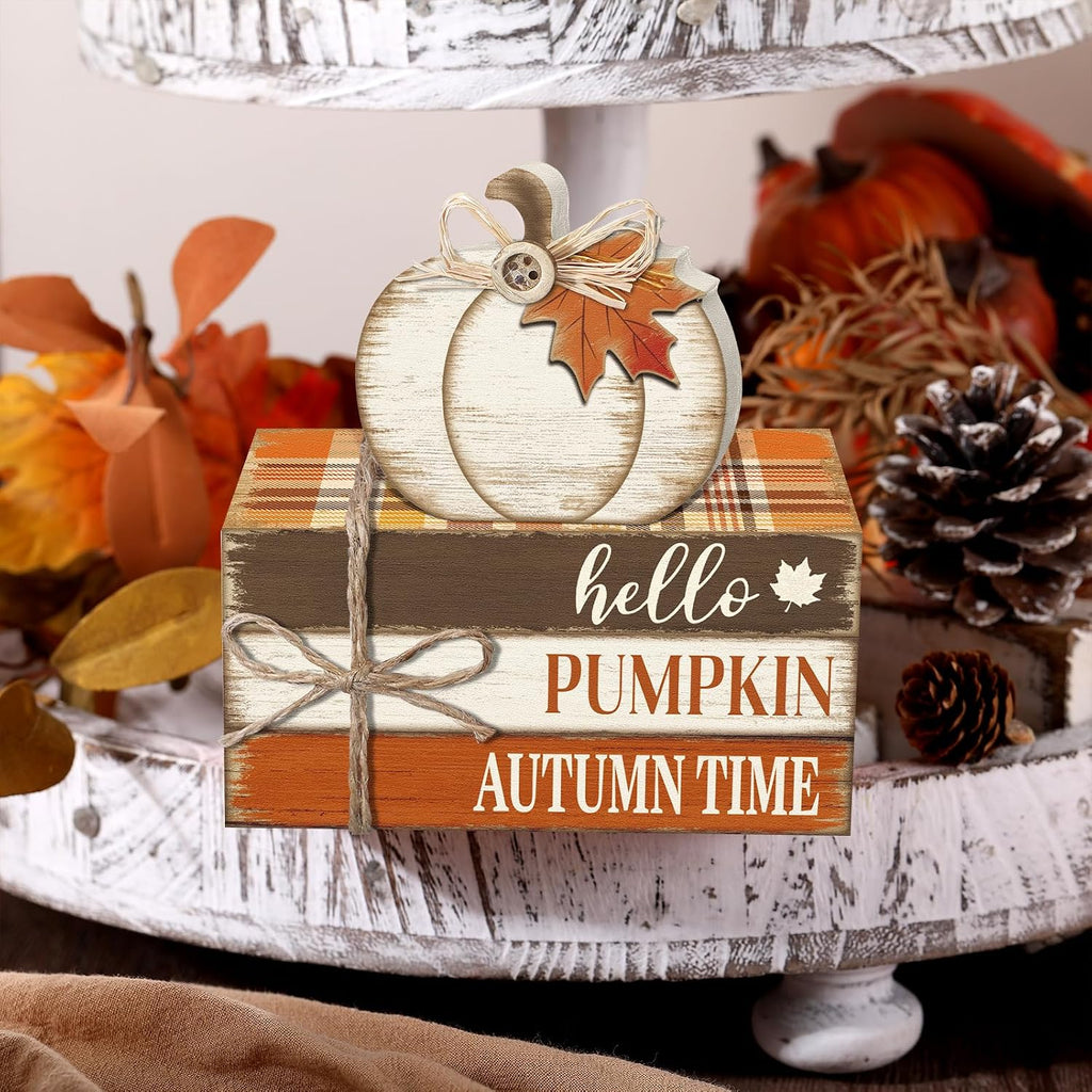Fall Tiered Tray Decorations Thanksgiving Wooden Pumpkin and Maple Leaf Book Stack Signs, Autumn Vintage Table - Set of 4