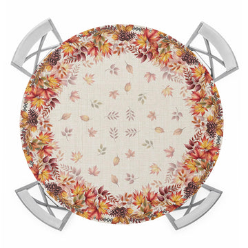 Elastic Edged Waterproof Tablecloth Fall Fit Round Tablecloths Maple Leaves Wipeable Picnic Table Cover for
