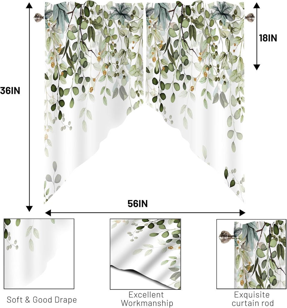Sage Green Eucalyptus Swag Curtain Valance for Windows,Watercolor Leaves Window Treatments Short Swag Topper for Kitchen Windows Bathroom Bedroom,28 x 36 Inch, 1 Pair